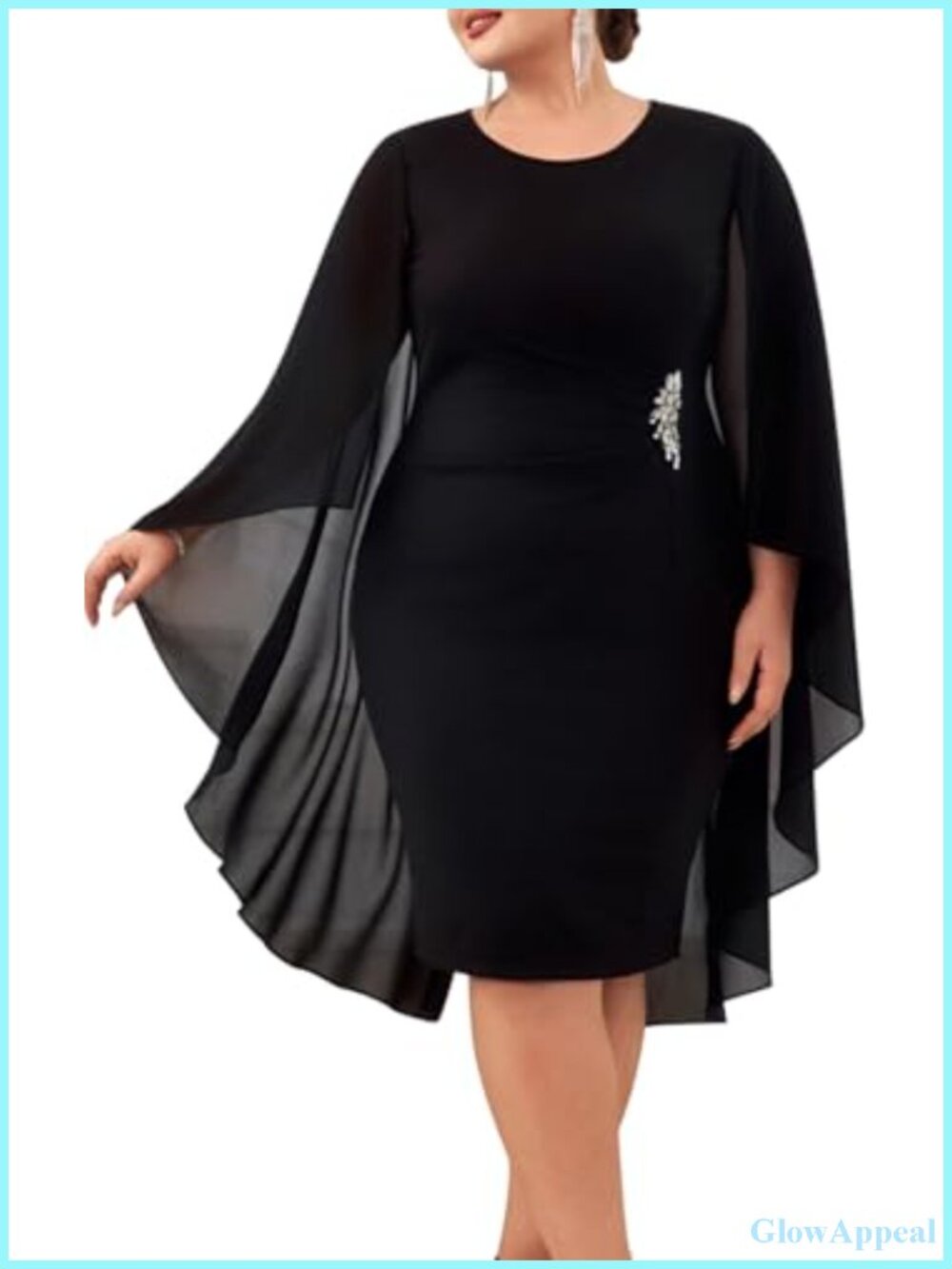 Plus Size Chiffon Cape Cocktail Dress Ruched Bodycon Midi Wedding Guest